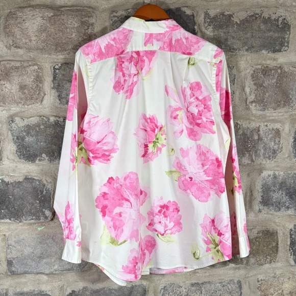 Liz Claiborne Floral Button Up Shirt XL Pink White Cotton Blend Casual Top Work - Picture 4 of 12